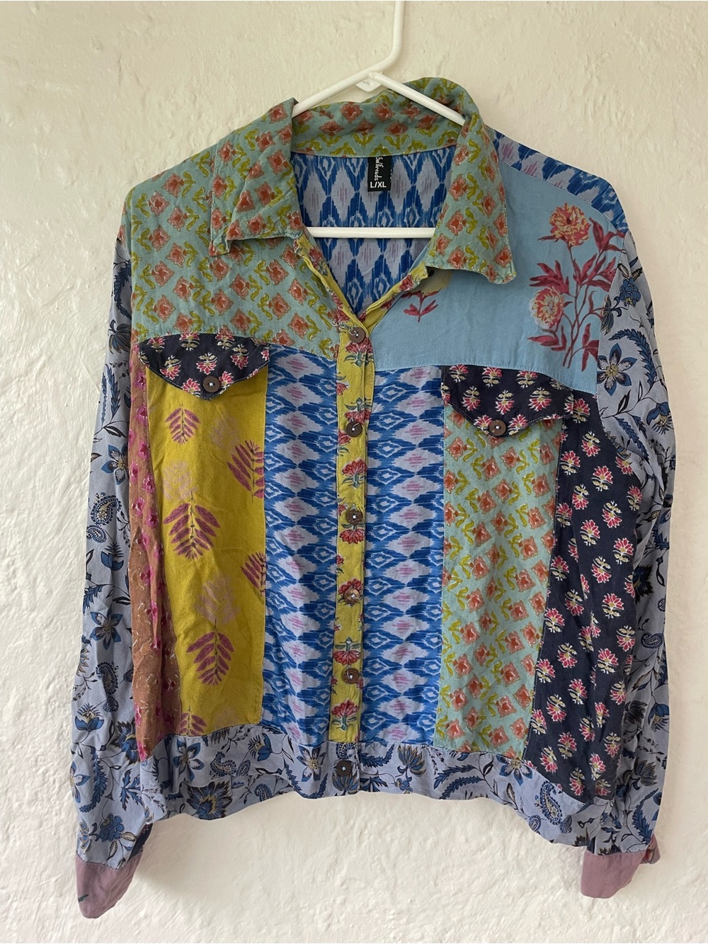 Sacred Threads Long Sleeve Shirt/Jacket Hippie Patchwork Size L/XL Multi-Color